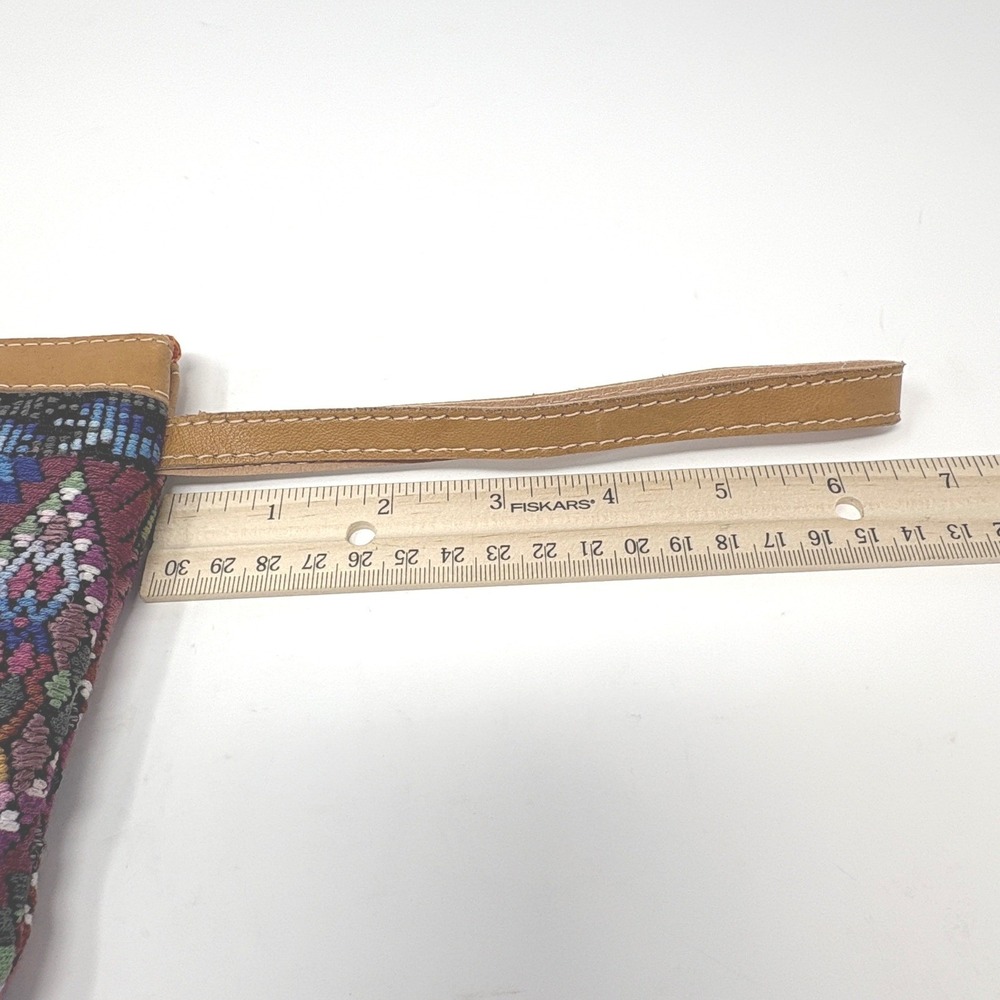 Woven Textile Geometric Wristlet Clutch Bag Zippered Huipil Style Leather Trim - Picture 8 of 9